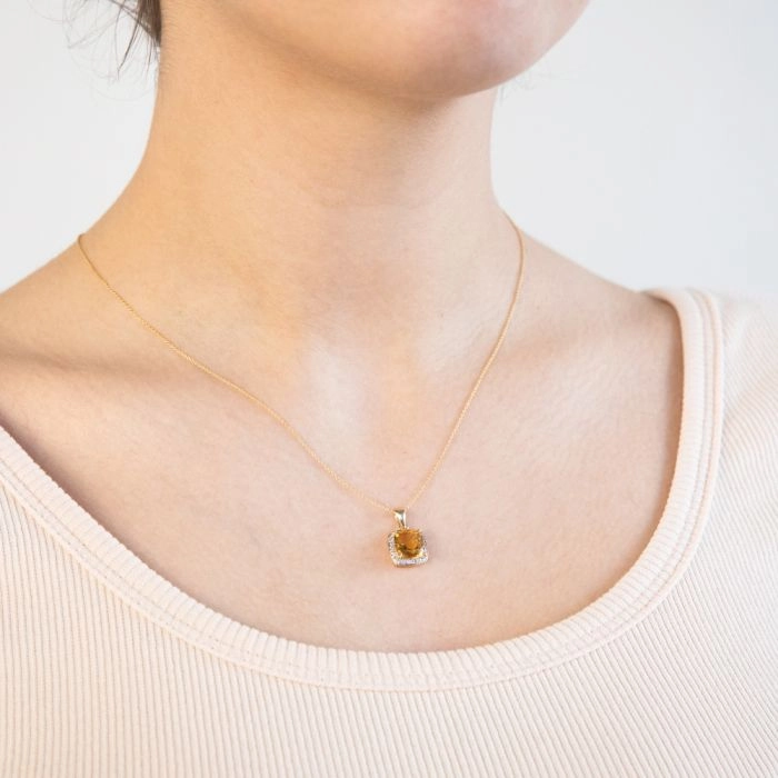 9ct Yellow Gold 2ct Citrine and Diamond Cushion Cut Pendant