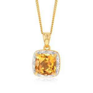 9ct Yellow Gold 2ct Citrine and Diamond Cushion Cut Pendant