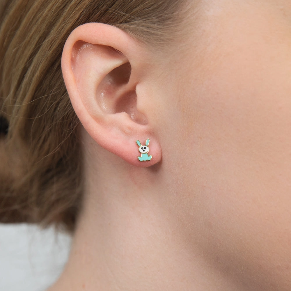 9ct Yellow Gold Blue Rabbit Stud Earrings
