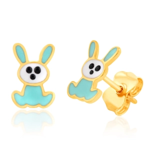 9ct Yellow Gold Blue Rabbit Stud Earrings