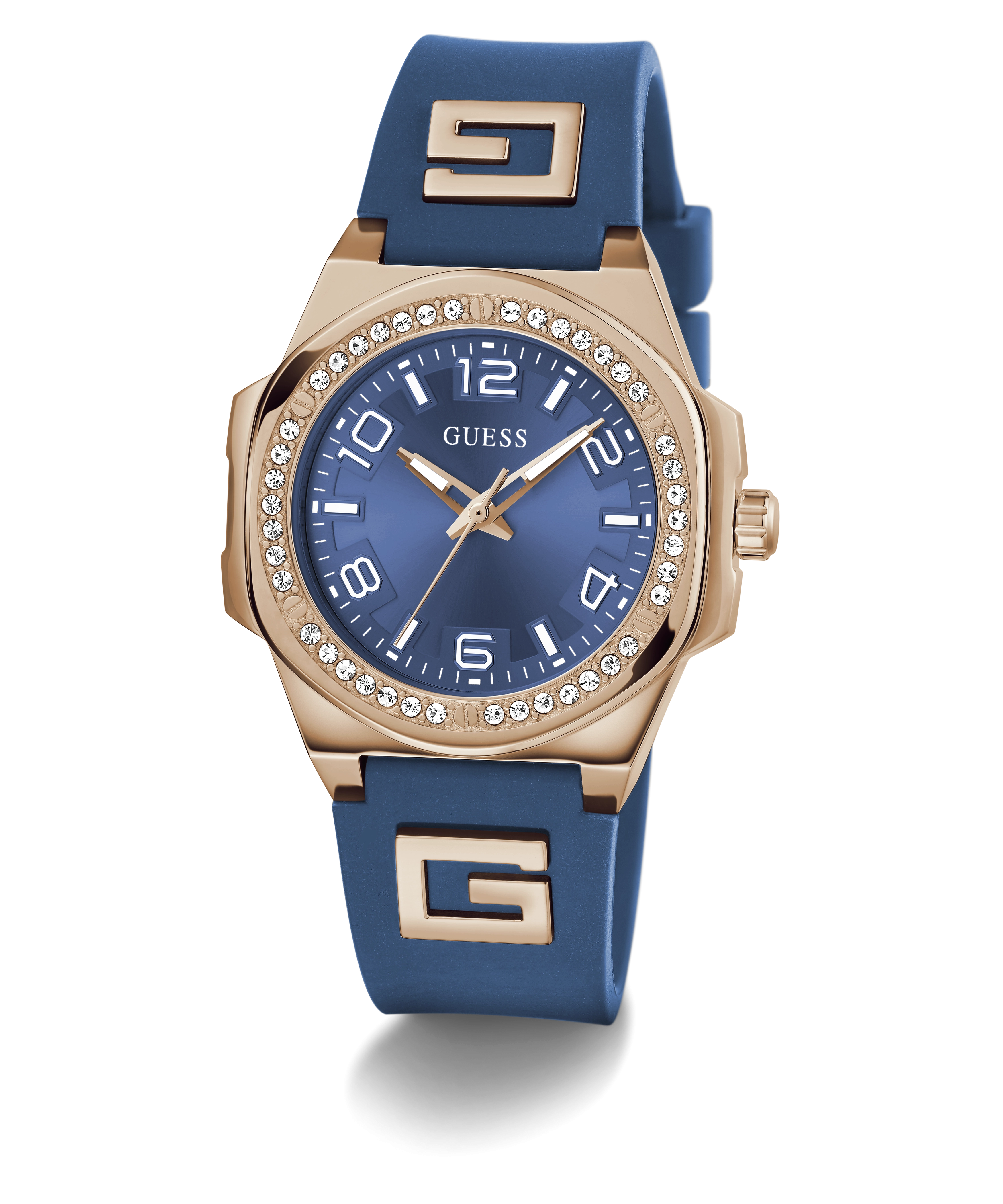 GUESS Ladies Blue Rose Gold Tone Analog Watch