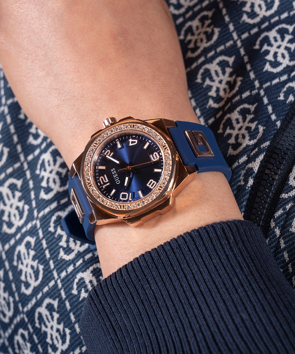 GUESS Ladies Blue Rose Gold Tone Analog Watch