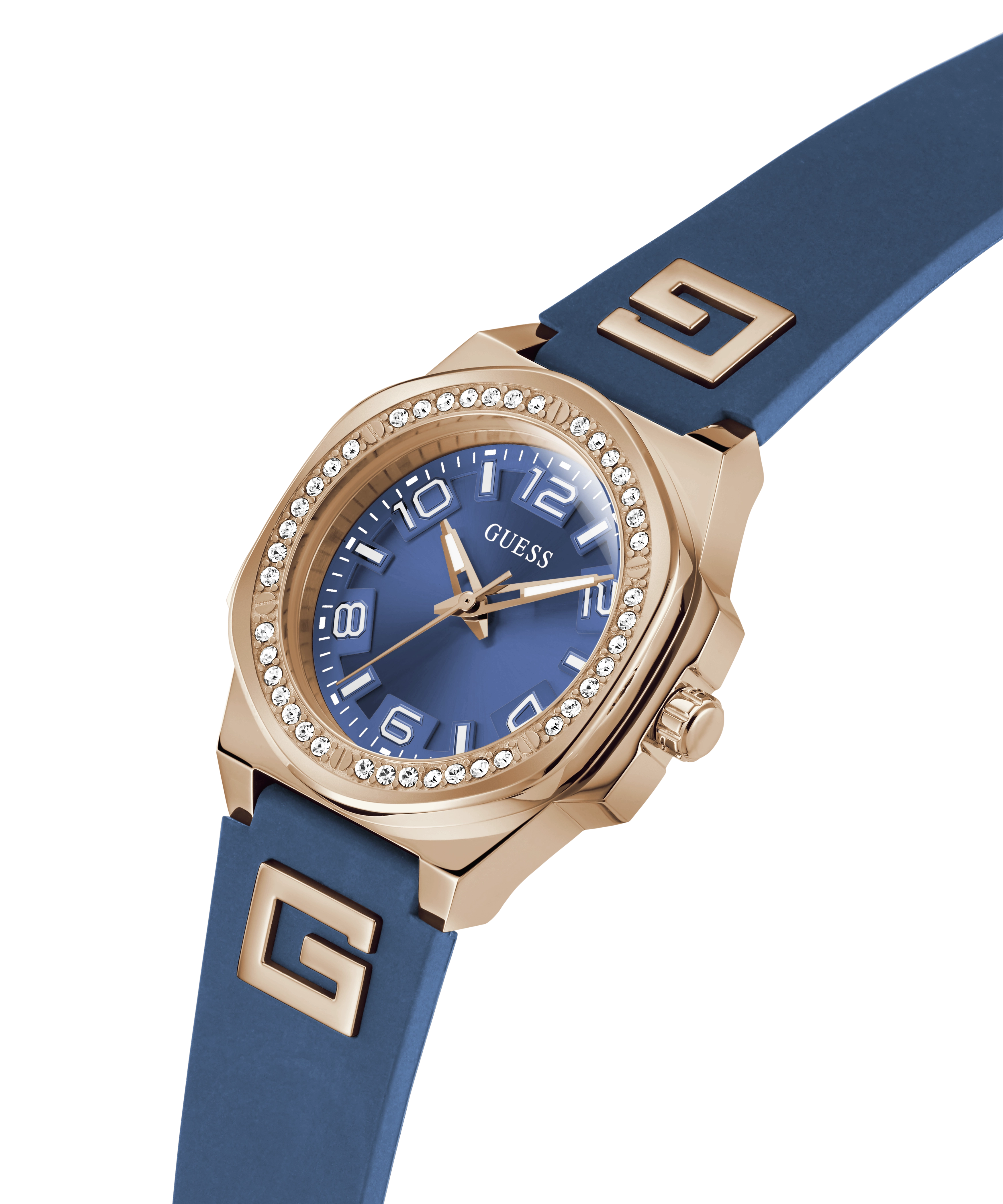 GUESS Ladies Blue Rose Gold Tone Analog Watch