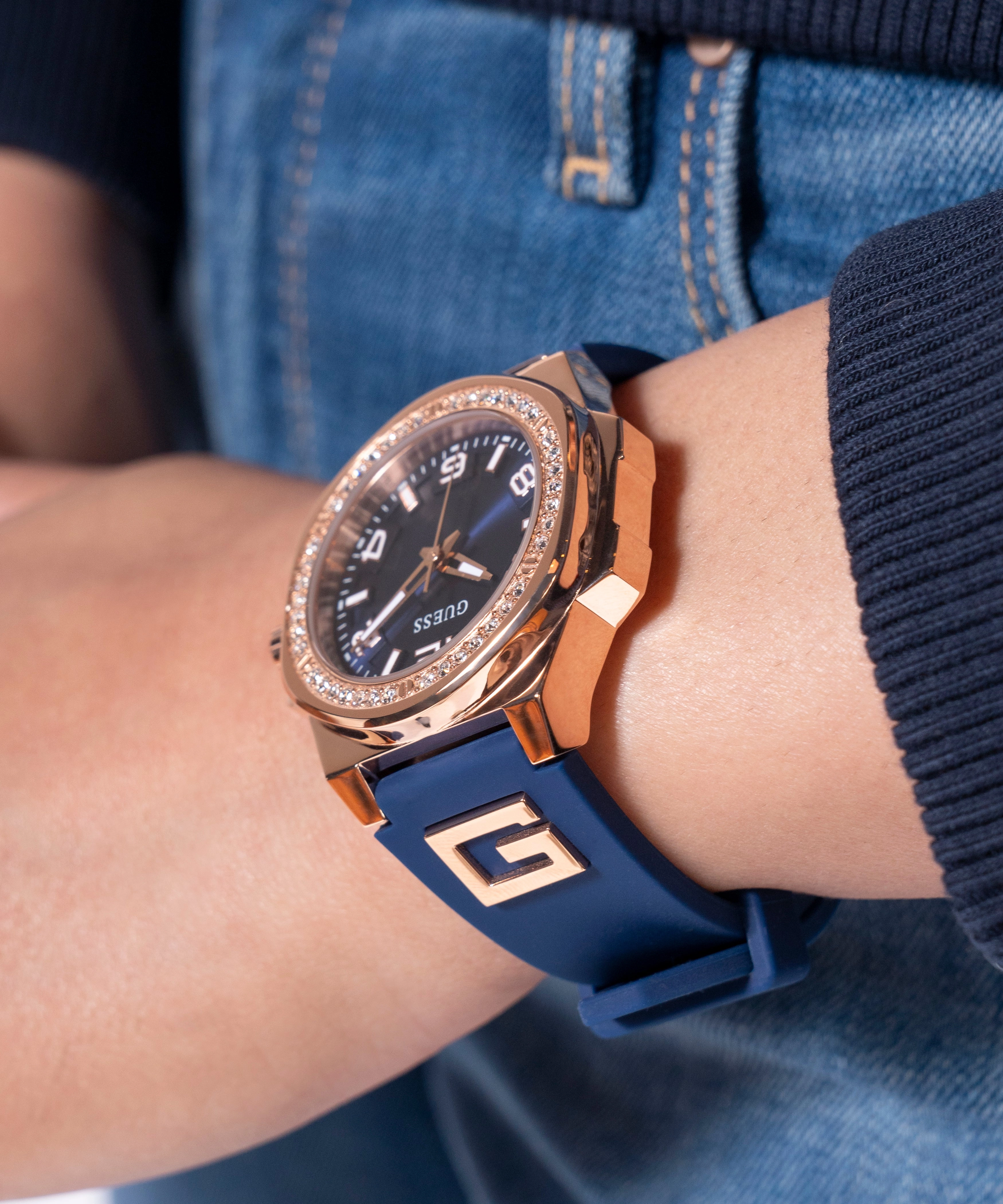 GUESS Ladies Blue Rose Gold Tone Analog Watch