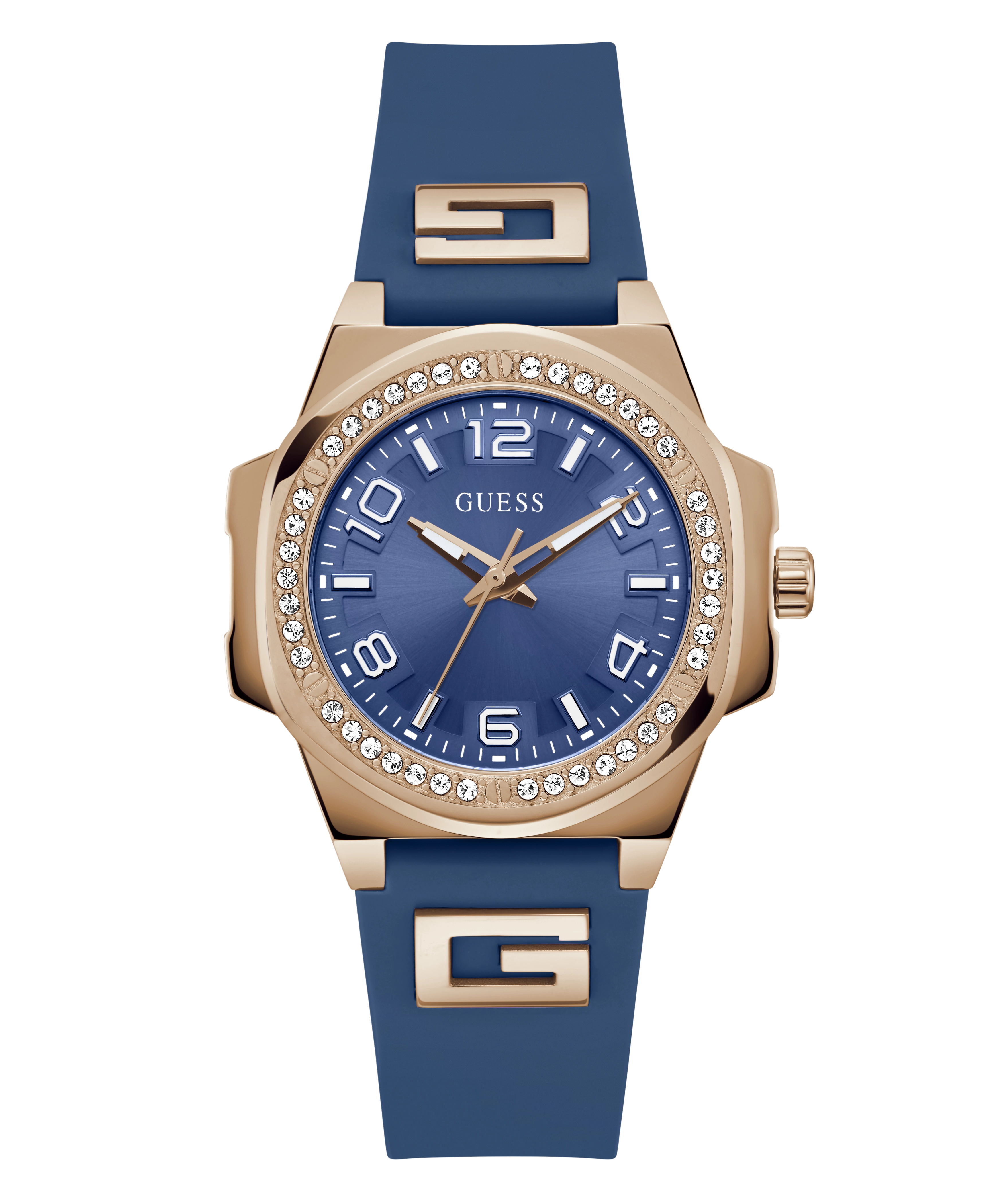 GUESS Ladies Blue Rose Gold Tone Analog Watch