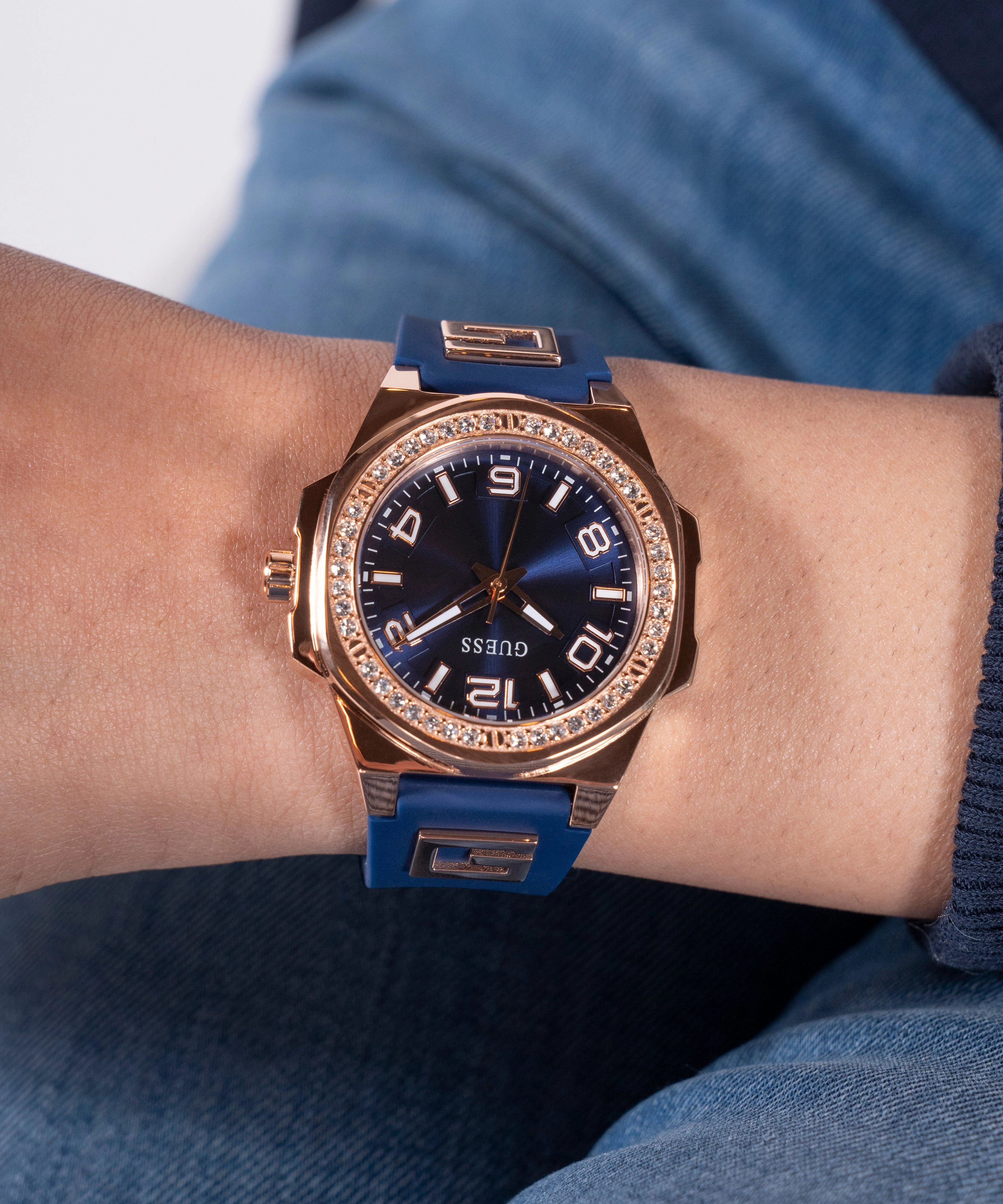 GUESS Ladies Blue Rose Gold Tone Analog Watch