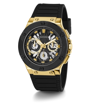 GUESS Mens Black Gold Tone Multi-function Watch