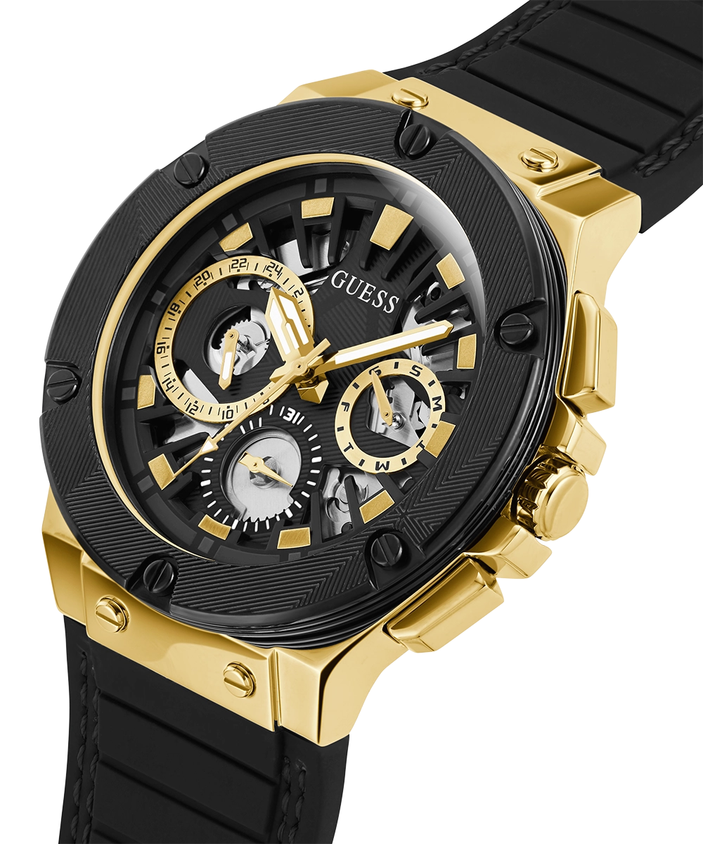 GUESS Mens Black Gold Tone Multi-function Watch