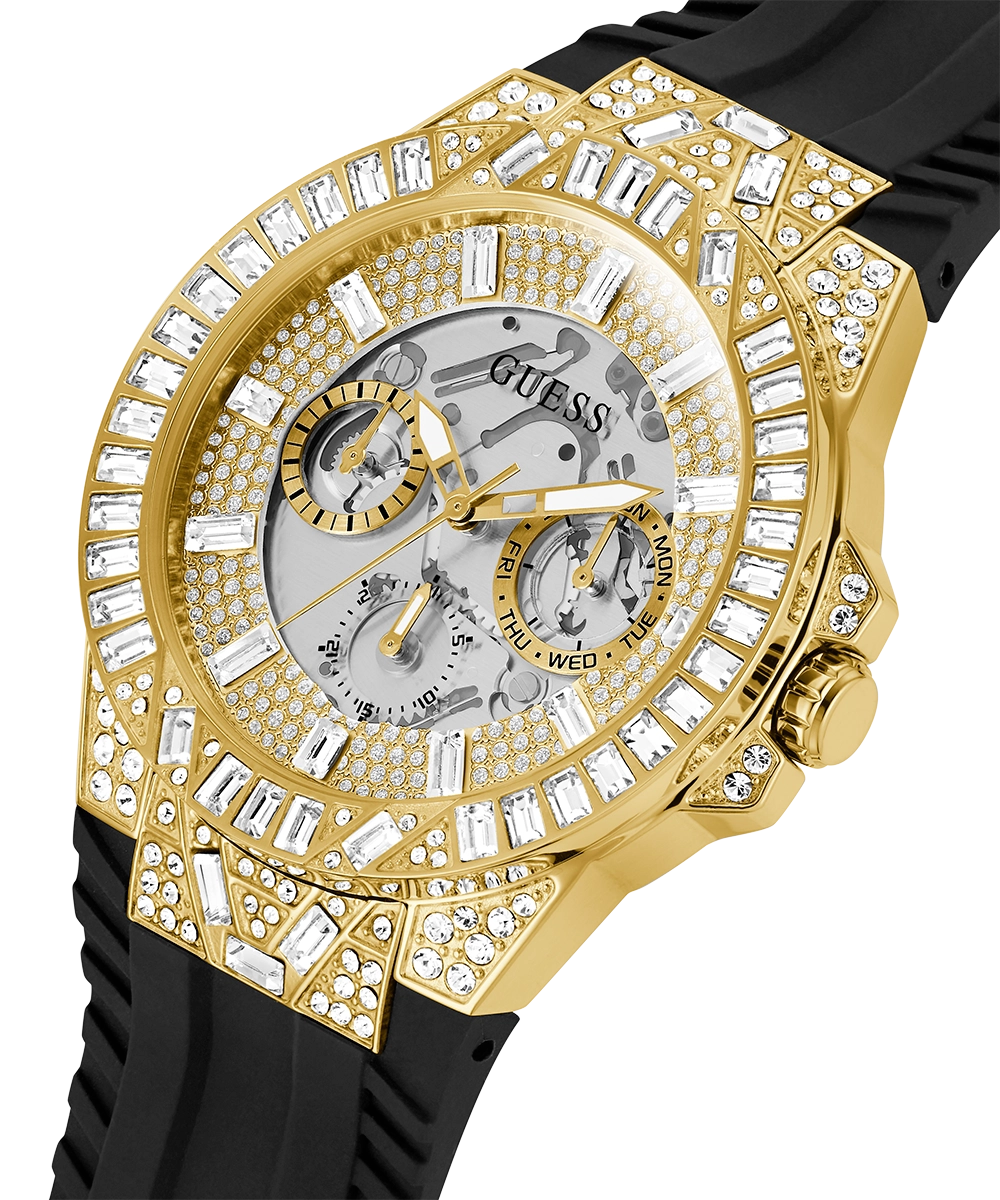GUESS Mens Black Gold Tone Multi-function Watch