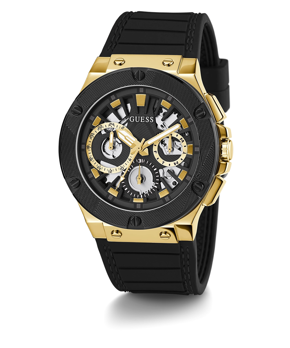 GUESS Mens Black Gold Tone Multi-function Watch