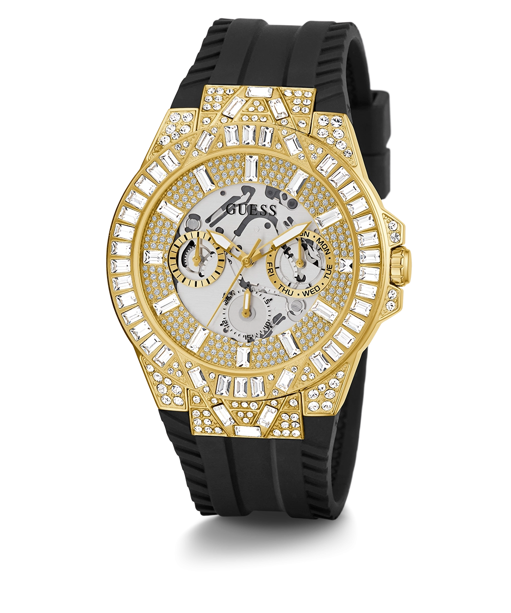 GUESS Mens Black Gold Tone Multi-function Watch