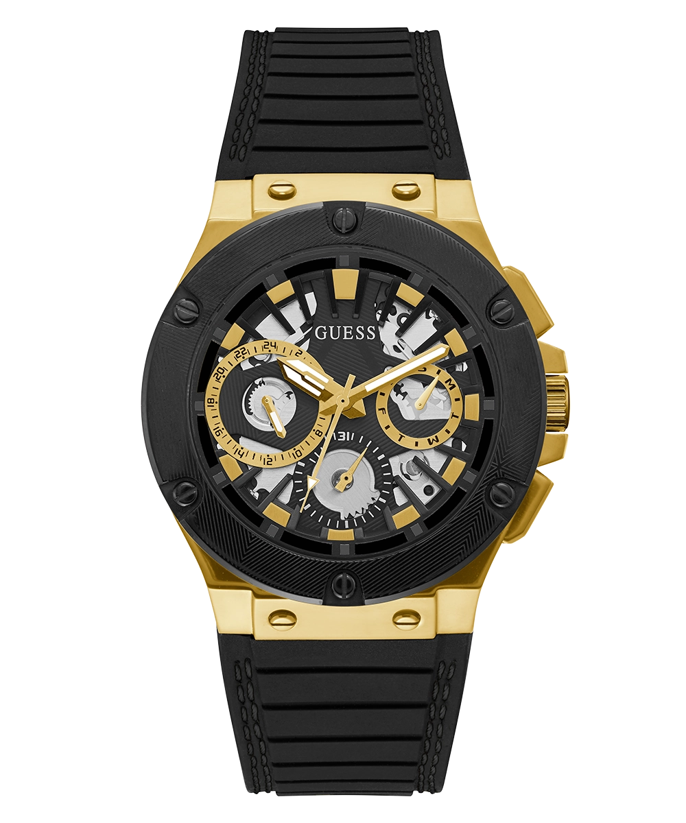 GUESS Mens Black Gold Tone Multi-function Watch