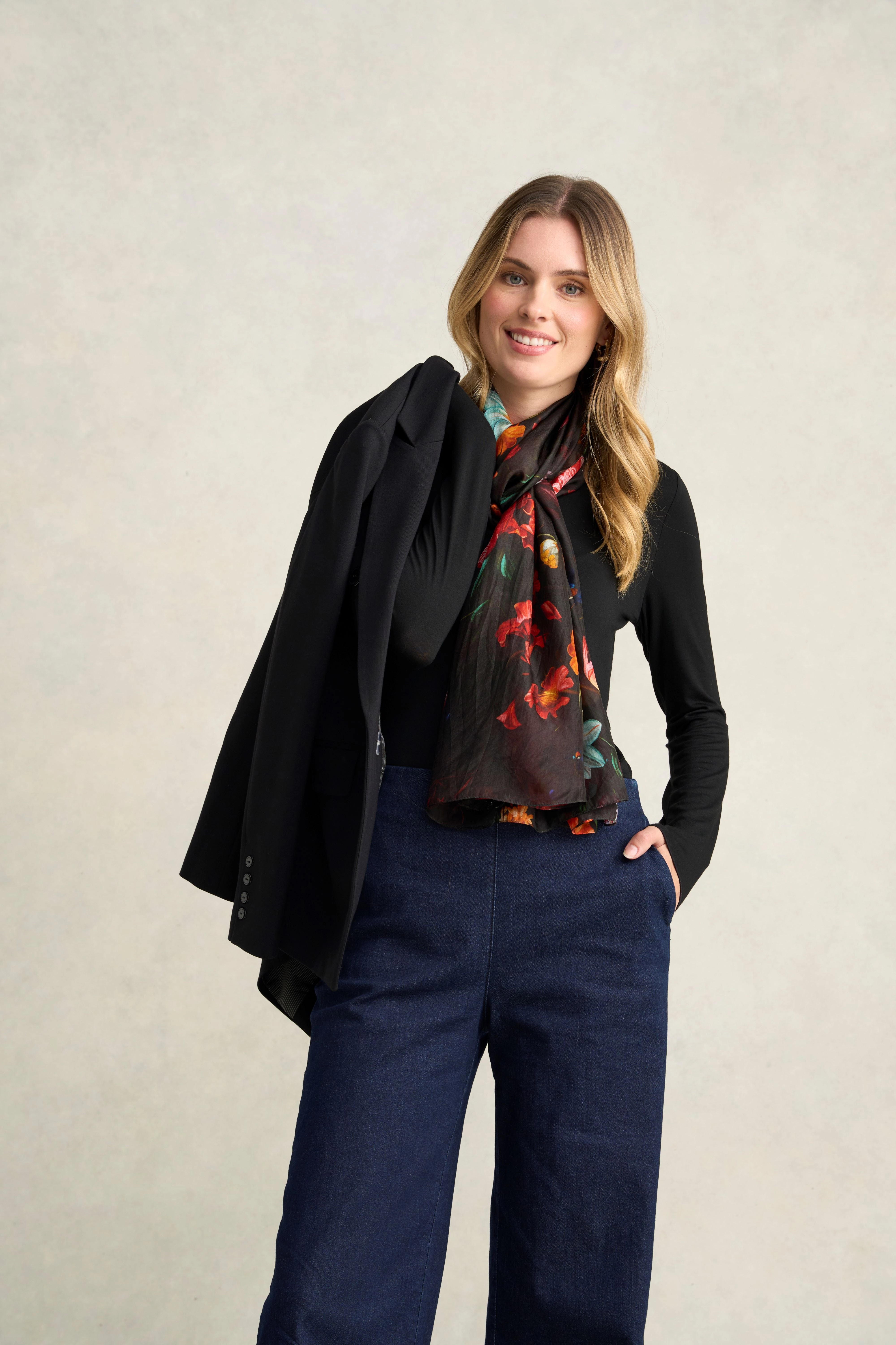 Noir Bloom Silk Scarf - Multicolour