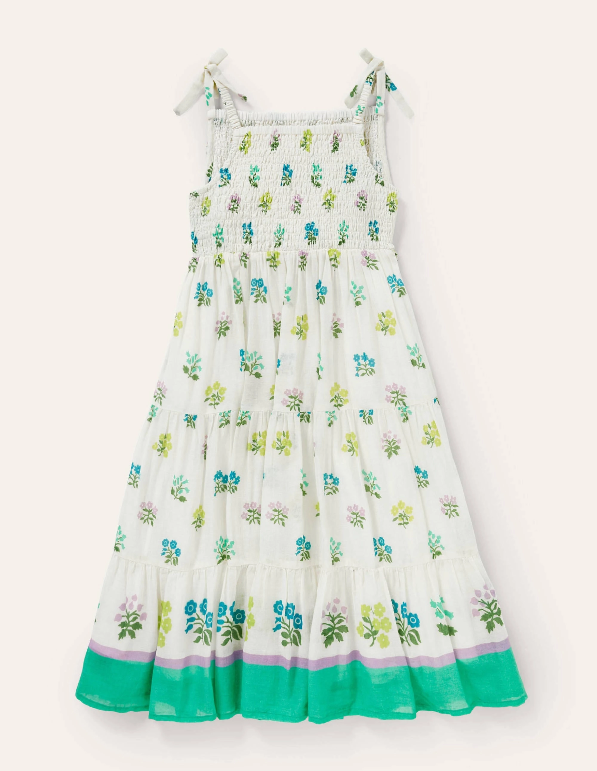 Tiered Sun Dress-Ivory/ Blue Woodblock
