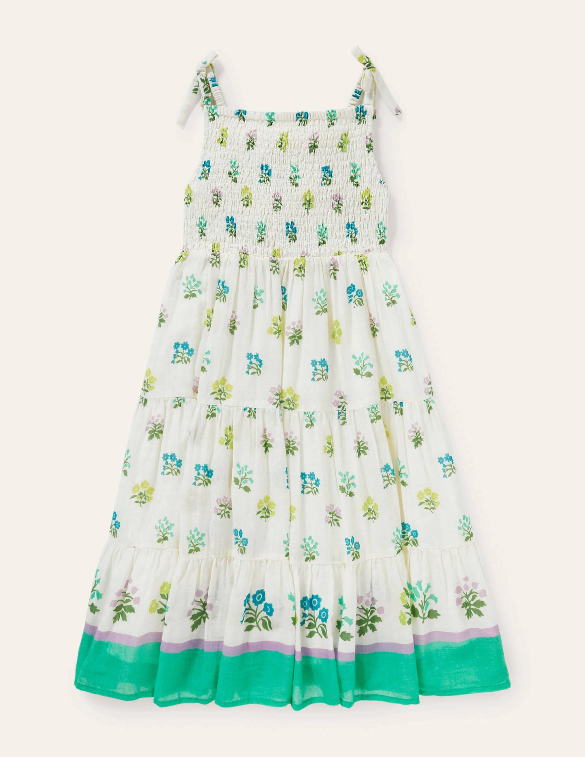 Tiered Sun Dress-Ivory/ Blue Woodblock