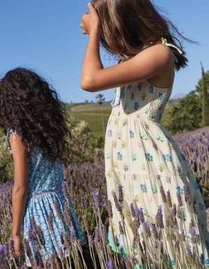 Tiered Sun Dress-Ivory/ Blue Woodblock