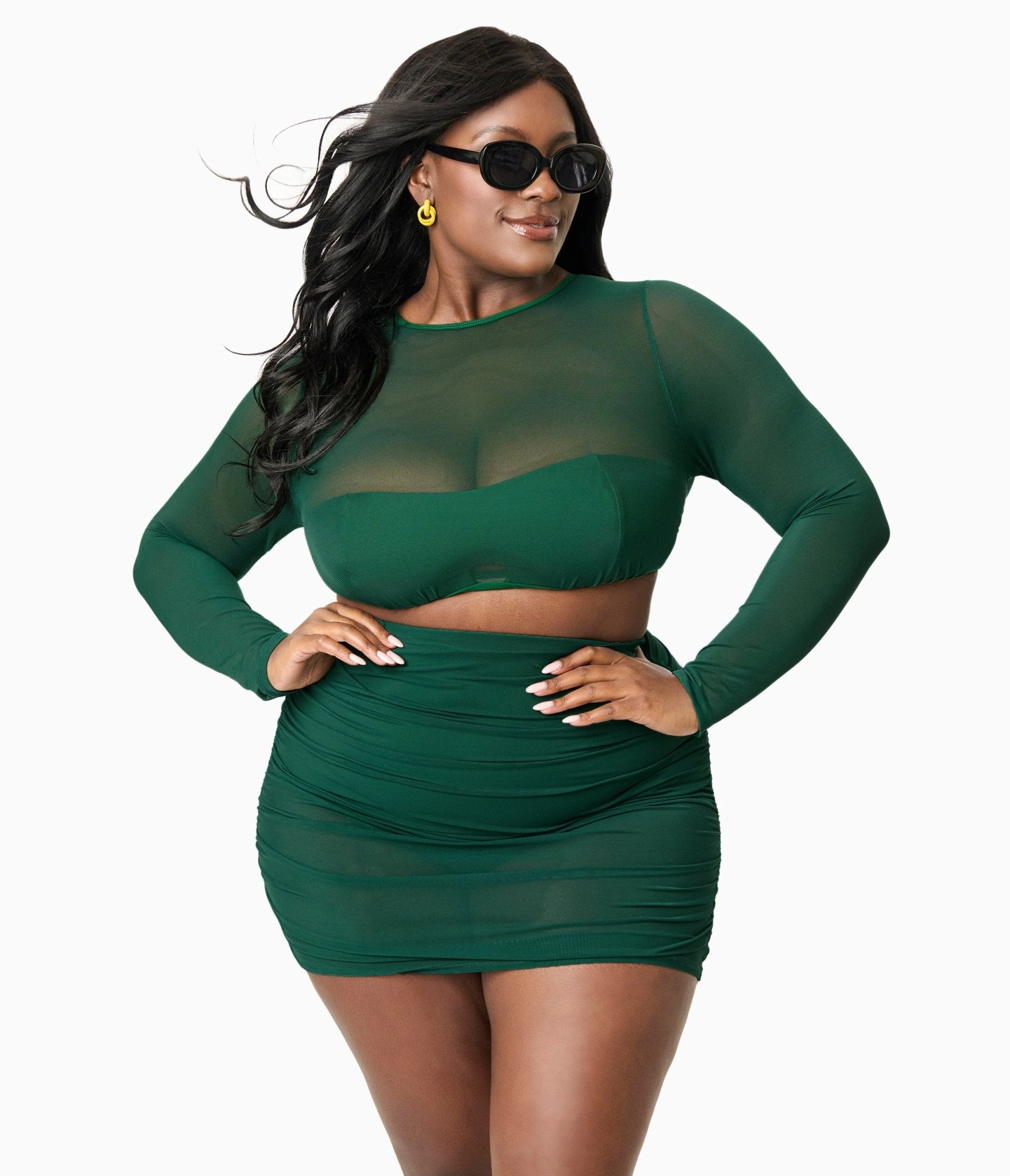 Unique Vintage Plus Size Green Shirred Skirt Swim Bottom
