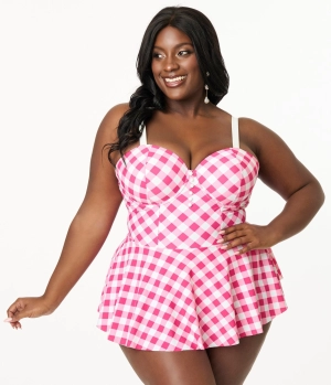 Unique Vintage Plus Size Pink & White Gingham Skirted One Piece Swimsuit