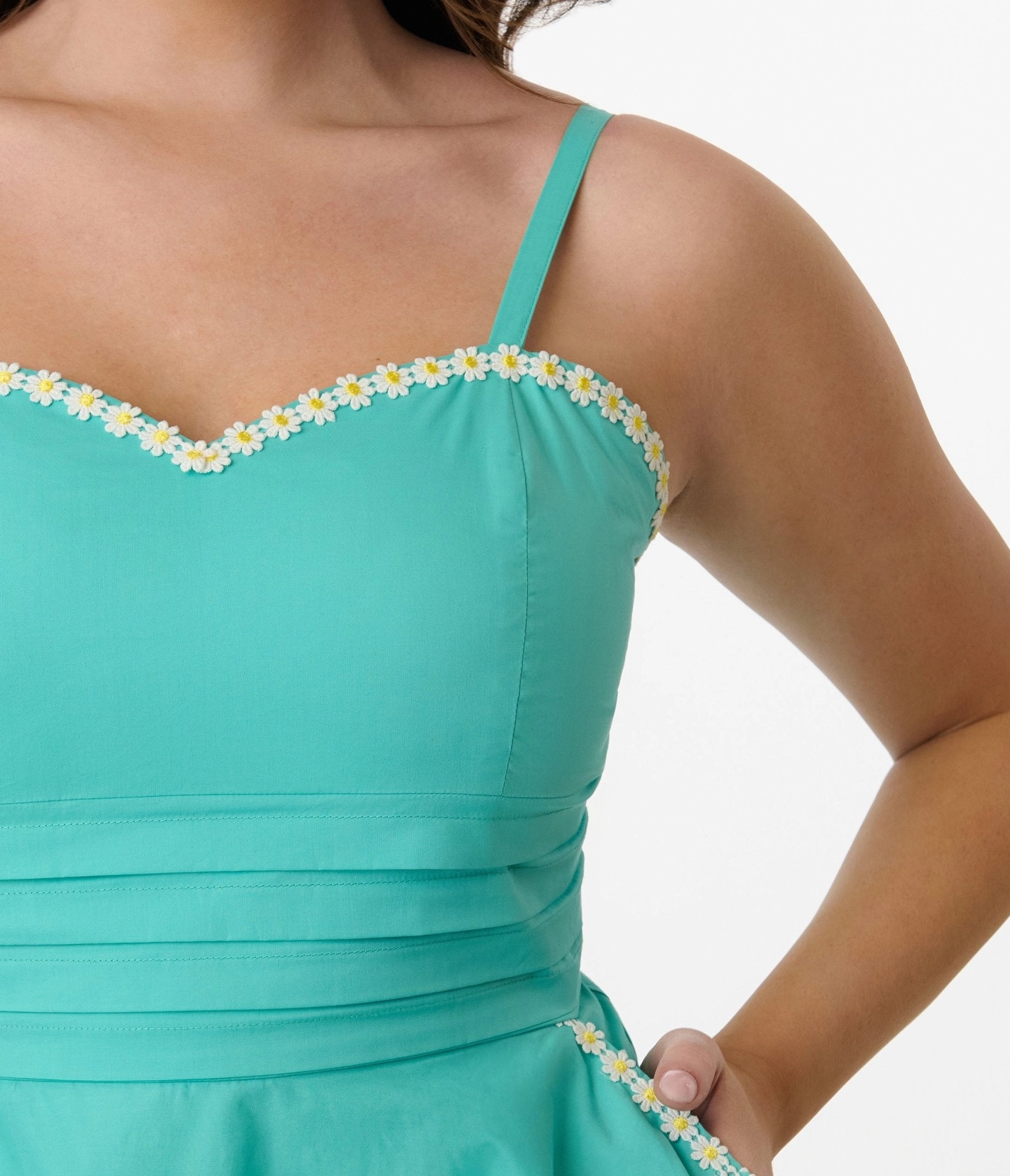 Unique Vintage Seafoam Green & Daisy Cotton Flare Dress